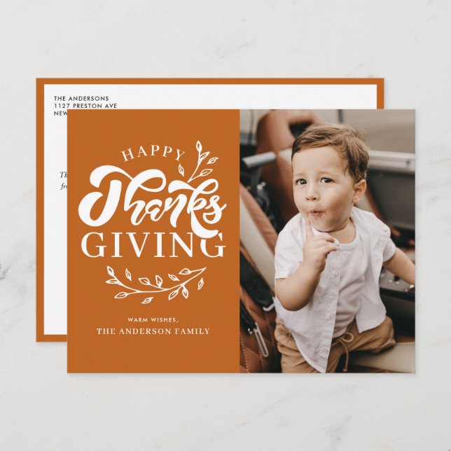 Cartão Postal De Festividades Orange Foliage Wreath Photo Happy Graças (Frente/Verso)