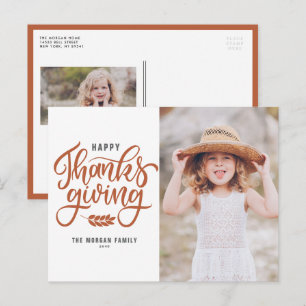 Cartão Postal De Festividades Orange Hand Lettering Feliz Foto de Ação de Gra