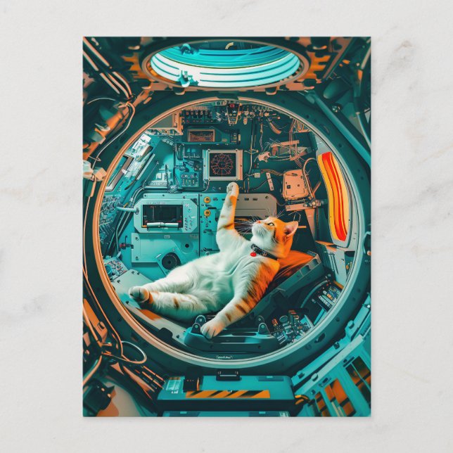 Cartão Postal De Festividades Orange white cat in spacecraft cockpit (Frente)