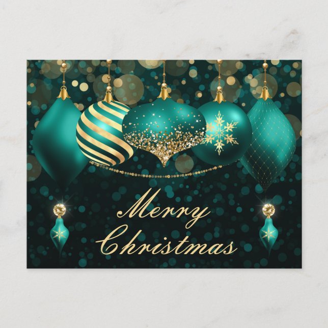 Cartão Postal De Festividades Ornamentos de Natal Teal e Dourado (Frente)