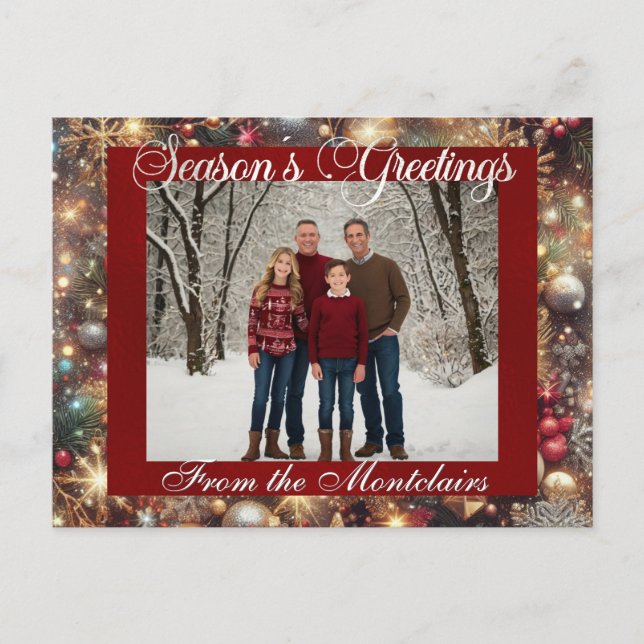 Cartão Postal De Festividades Ornamentos, Script Prateado e Foto Enquadrada - Ve (Frente)