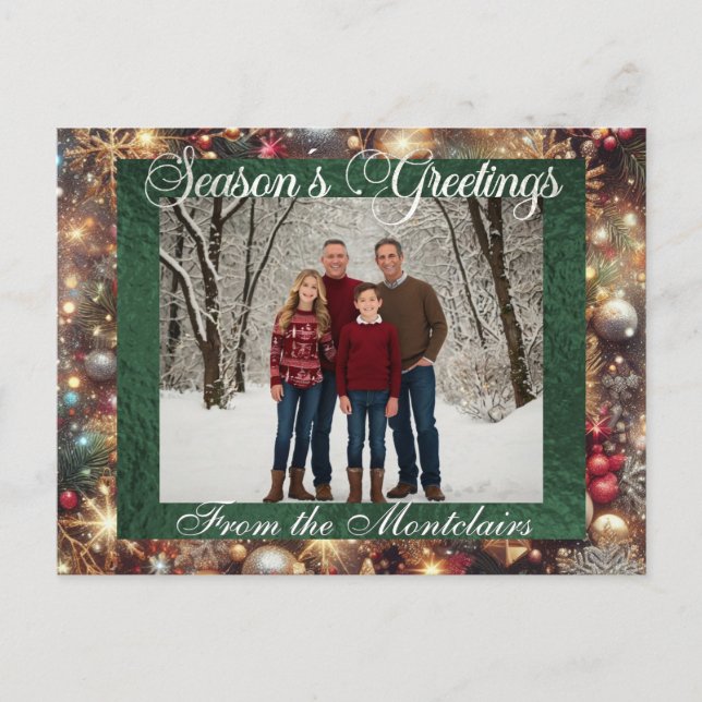 Cartão Postal De Festividades Ornamentos, Script Prateado e Foto Enquadrada - Ve (Frente)