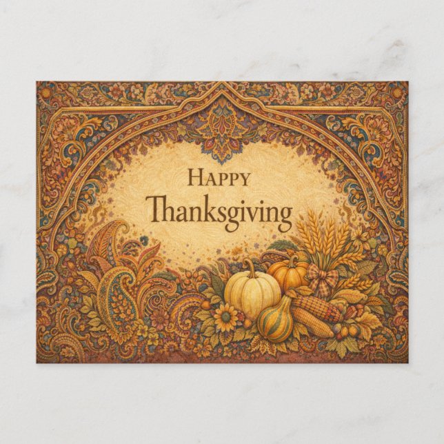 Cartão Postal De Festividades Ornate Jewel Tone Paisley Thanksgiving Harvest (Frente)