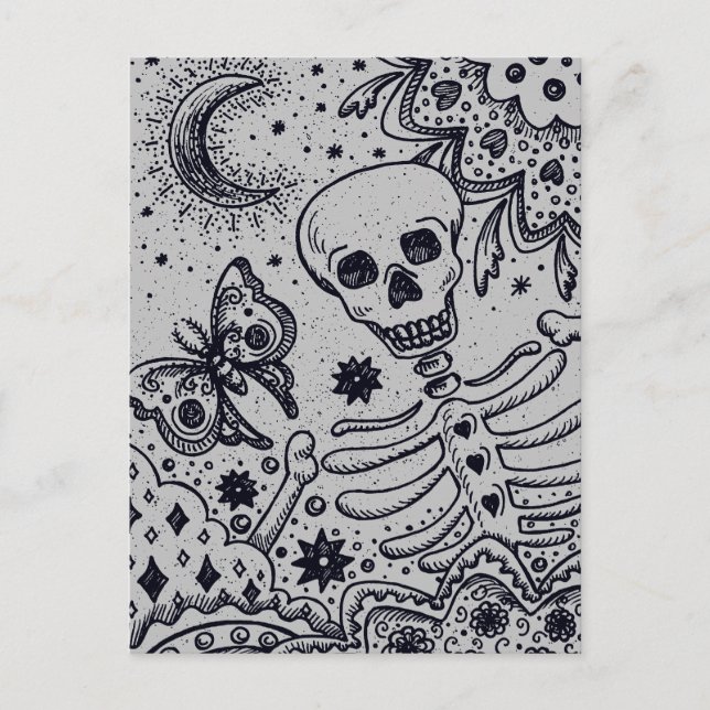 CARTÃO POSTAL DE FESTIVIDADES OSSOS NO ESQUELETO DE JARDIM, BOCA DE ARTE FOLK (Frente)