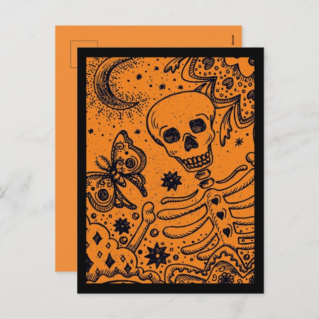 CARTÃO POSTAL DE FESTIVIDADES OSSOS NO ESQUELETO DE JARDIM, BOCA DE ARTE FOLK (Frente/Verso)