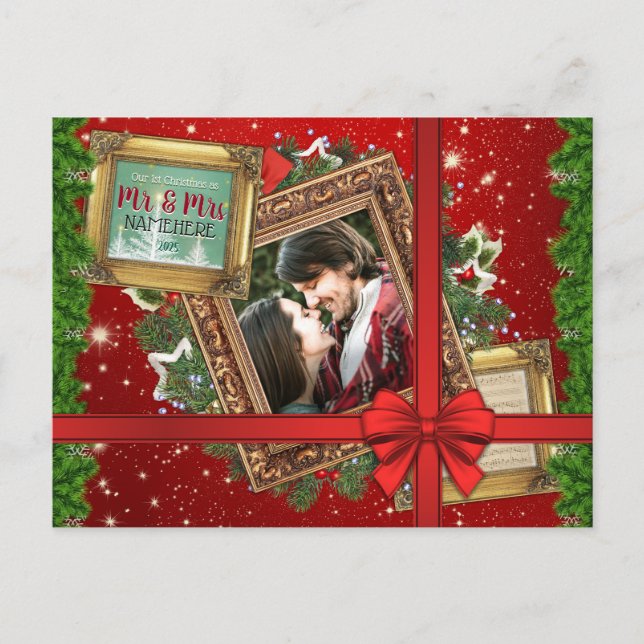 Cartão Postal De Festividades Our First Christmas as Mr & Mrs Gold Frame Photo (Frente)