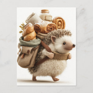 Cartão Postal De Festividades ouriço-cacheiro usando uma mochila cheia de pastel