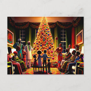 Cartão Postal De Festividades Ouro de Natal Brilhante: F da família afro-america