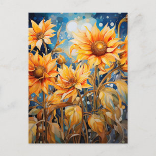 Cartão Postal De Festividades Ouro Girassóis Bloqueio Cores d'água