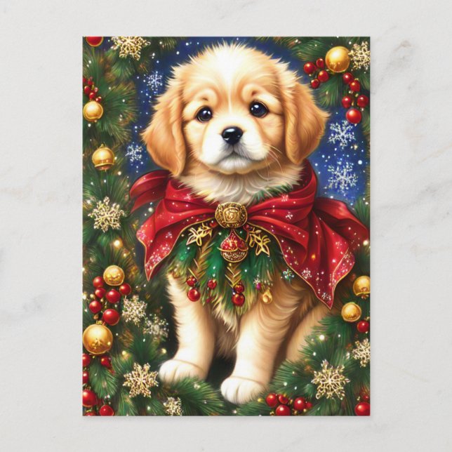 Cartão Postal De Festividades Ouro Retriever Puppy Árvore de Natal Flocos de Nev (Frente)