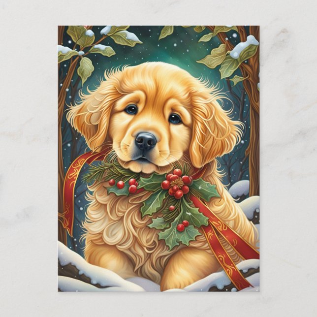 Cartão Postal De Festividades Ouro Retriever Puppy Festivo Holly (Frente)