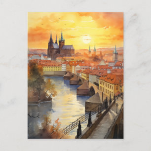 Cartão Postal De Festividades Ouro Sunset Sobre Praga