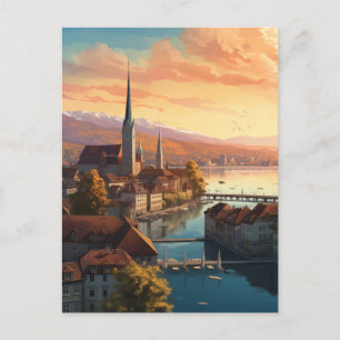 Cartão Postal De Festividades Ouro Sunset Sobre Zurique