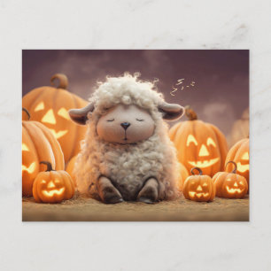 Cartão Postal De Festividades Ovelhas dormindo entre as abóboras do Halloween il