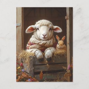Cartão Postal De Festividades Ovelhas e coelhos em celeiro com flores
