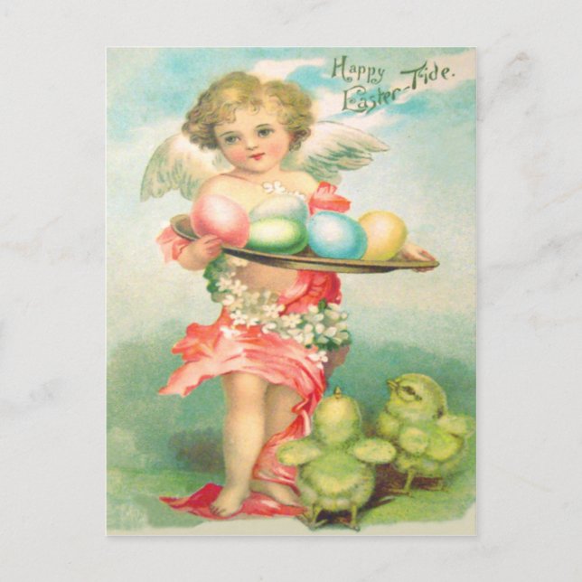 Cartão Postal De Festividades Ovo com Pintinho de Páscoa Angel Cherub (Frente)