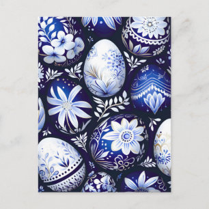 Cartão Postal De Festividades Ovo de Páscoa Azul Escandinavo Floral de Primavera