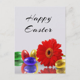 Cartão Postal De Festividades Ovos de Felz pascoa Coloridos com Gerbera