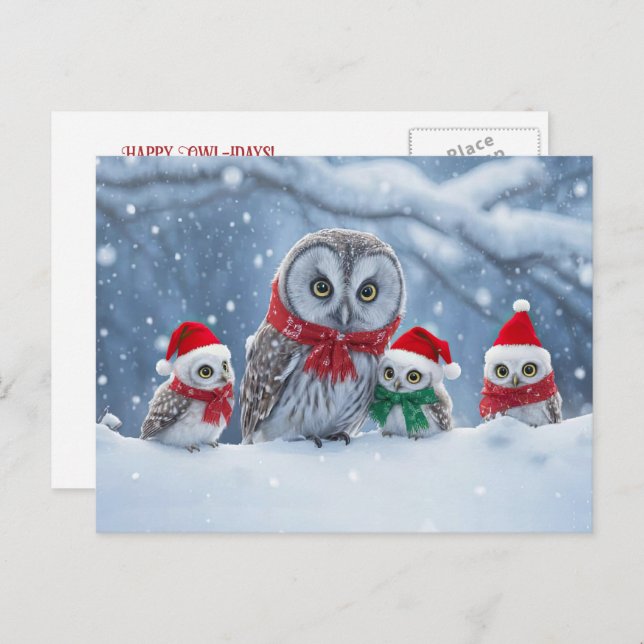 Cartão Postal De Festividades Owl Happy Holidays Cute and Fun (Frente/Verso)