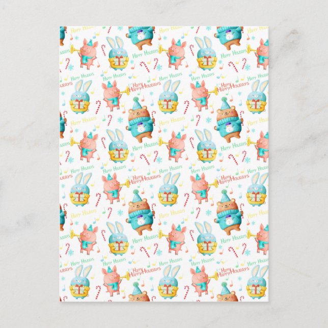 Cartão Postal De Festividades Padrão de Animais de Natal Feliz Férias (Frente)