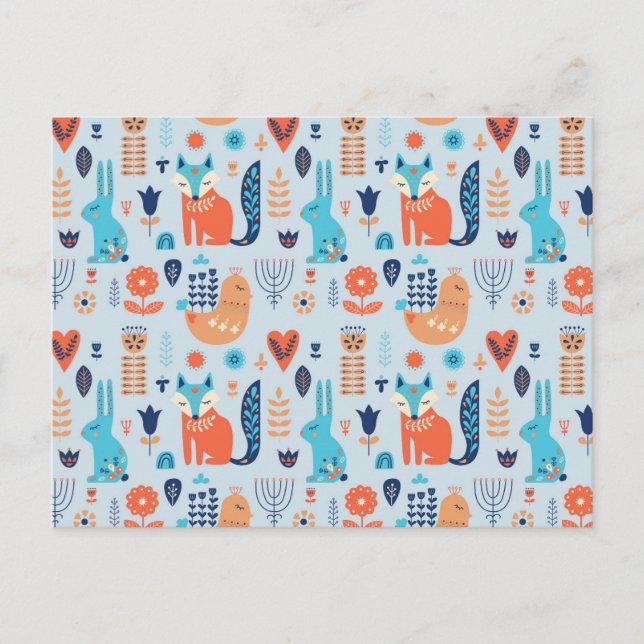 Cartão Postal De Festividades Padrão de Animais Folk Art Woodland (Frente)