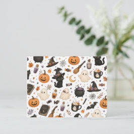 Cartão Postal De Festividades Padrão de aquarela de Halloween fofo com gatos pre