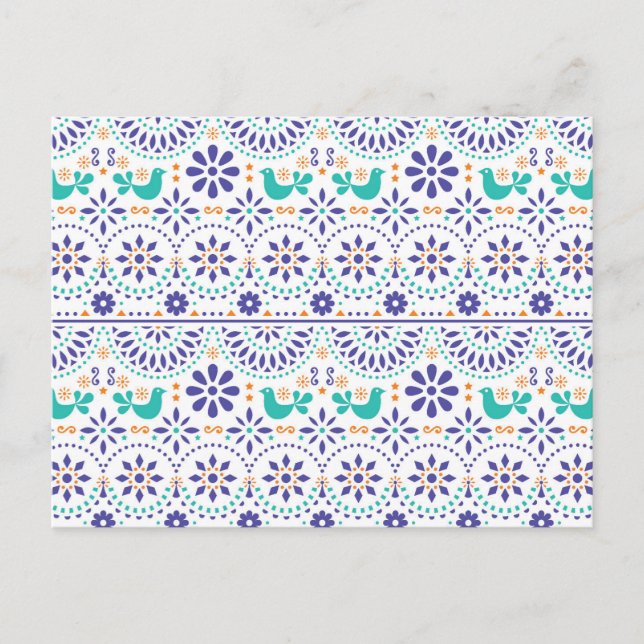 Cartão Postal De Festividades Padrão de Arte Folk do Azulejo de Pássaros Mexican (Frente)