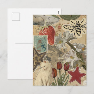 Cartão Postal De Festividades Padrão de Colagem Floral de Gato – Design Artístic