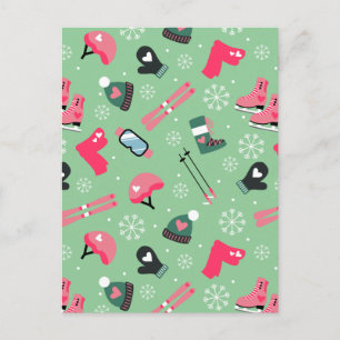 Cartão Postal De Festividades Padrão de esportes de férias de inverno fofo