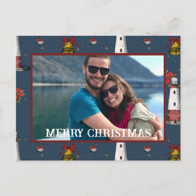 Cartão Postal De Festividades Padrão de Farol Costeiro de Natal náutico (Frente)