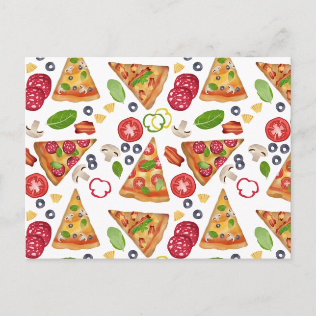 Cartão Postal De Festividades Padrão de fatias de pizza com aquarela (Frente)