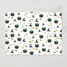 Cartão Postal De Festividades Padrão de Halloween da Bruxa Broom Caldron