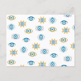 Cartão Postal De Festividades Padrão de Mati do Olho Grego Azul, Dourado e Branc