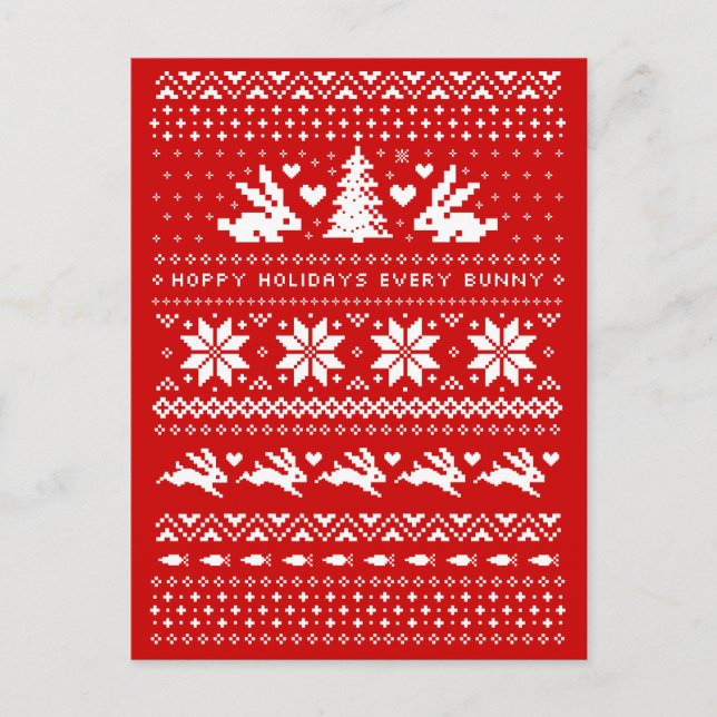 Cartão Postal De Festividades Padrão de Natal de Coelhinhos Fofos Férias Felizes (Frente)