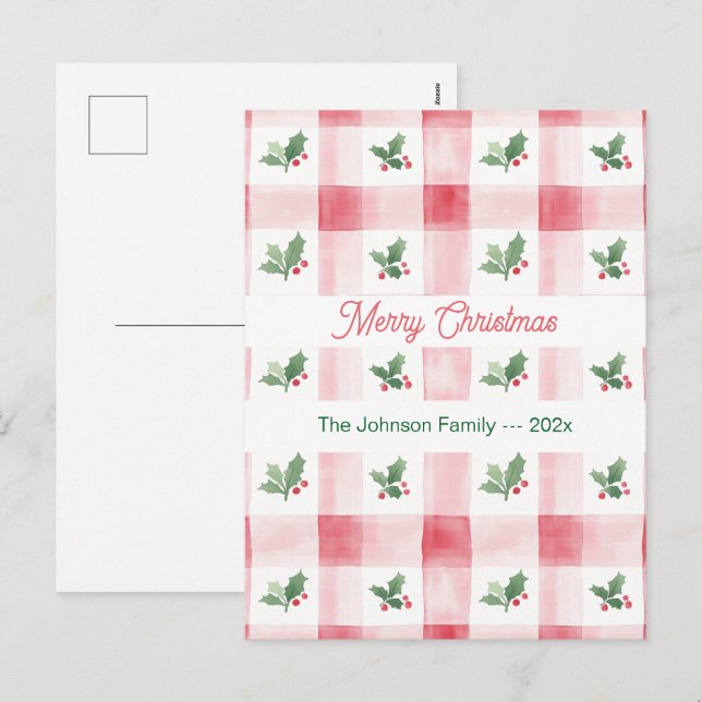 Cartão Postal De Festividades Padrão de Natal Retroativo Vermelho Rosa (Frente/Verso)