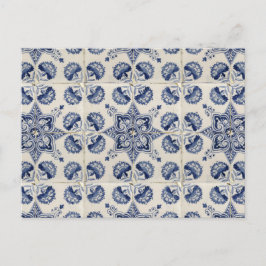 Cartão Postal De Festividades Padrão Geométrico do Flor Branco Azul-Vintage