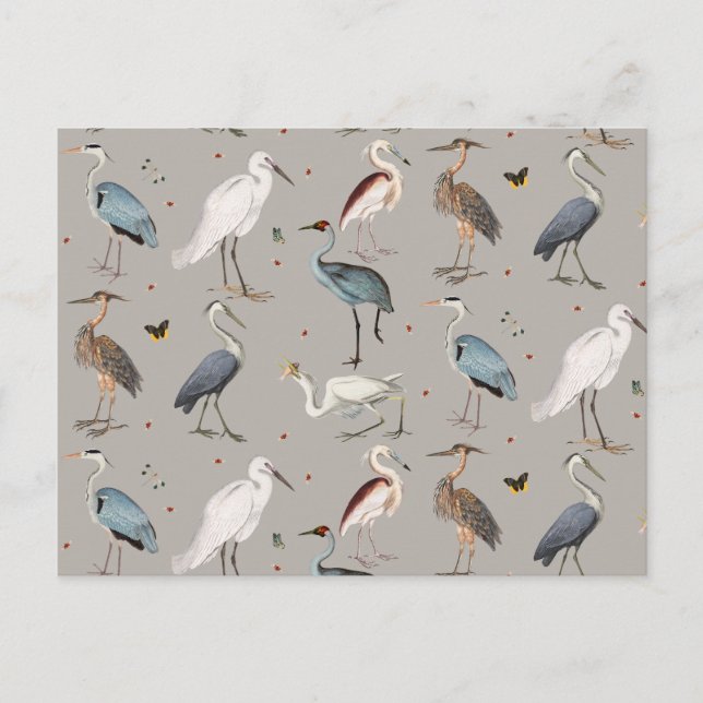 Cartão Postal De Festividades Padrão Natural do Heron Bird Egret da Aquarela (Frente)