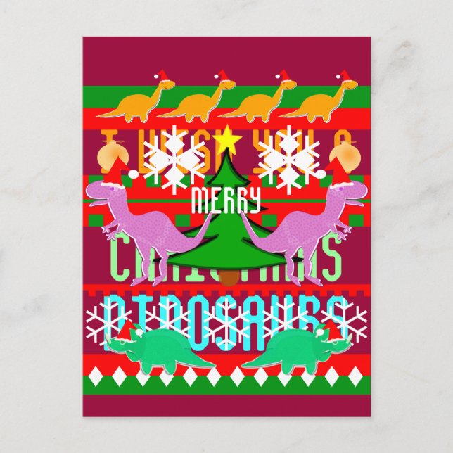 Cartão Postal De Festividades Padrões de Natal Feios Dinossauros (Frente)