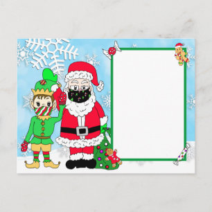 Cartão Postal De Festividades Pai Natal e Elfo com Máscaras Carta do Pai Natal e