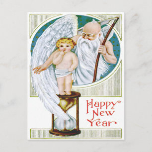 Cartão Postal De Festividades Pai Tempo Bebê Ano Novo Ampulheta