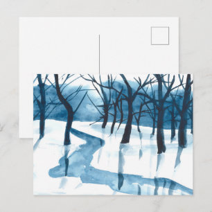 Cartão Postal De Festividades Paisagem azul-aquática, árvores e rio, neve