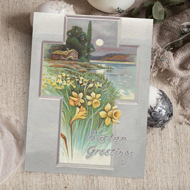 Cartão Postal De Festividades Paisagem Cruzada da Páscoa com Daffodils (Criador carregado)