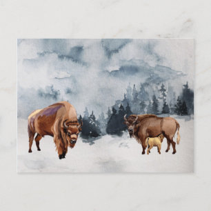 Cartão Postal De Festividades Paisagem de aquarela de inverno de Bisonte Búfalo