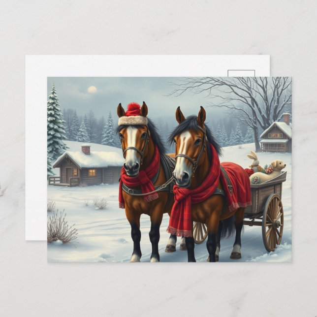 Cartão Postal De Festividades Paisagem de inverno com Cavalos e Cabina (Frente/Verso)