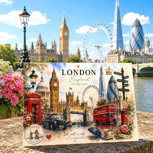 Cartão Postal De Festividades Paisagem de Londres em Aquarela Vintage Viagem