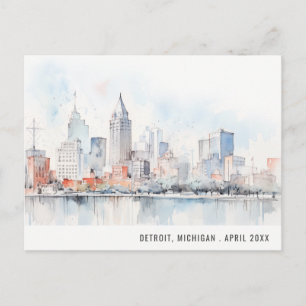 Cartão Postal De Festividades Paisagem em Aquarela de Detroit Michigan Viagem