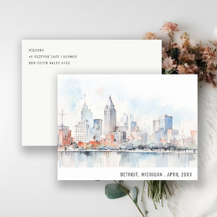 Cartão Postal De Festividades Paisagem em Aquarela de Detroit Michigan Viagem