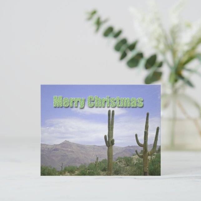 Cartão Postal De Festividades Paisagem Feliz de Natal no Sudoeste com Saguaros (Em pé/Frente)