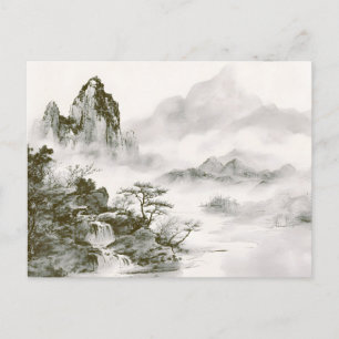 Cartão Postal De Festividades Paisagem Minimalista de Montanha Zen com Tinta Neb