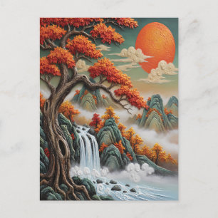 Cartão Postal De Festividades Paisagem Montanhosa de Outono com Cachoeira